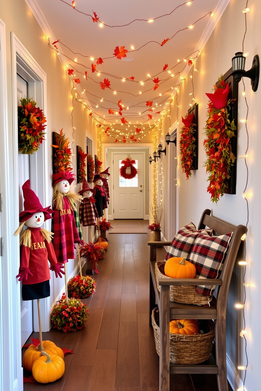 A festive hallway adorned with creative scarecrow decorations. Scarecrows dressed in colorful fall attire are positioned at intervals along the hallway, surrounded by vibrant autumn leaves and miniature pumpkins. Strings of warm white fairy lights are draped overhead, adding a cozy glow to the space. A rustic wooden bench is placed against one wall, decorated with plaid throw pillows and a woven basket filled with seasonal gourds.