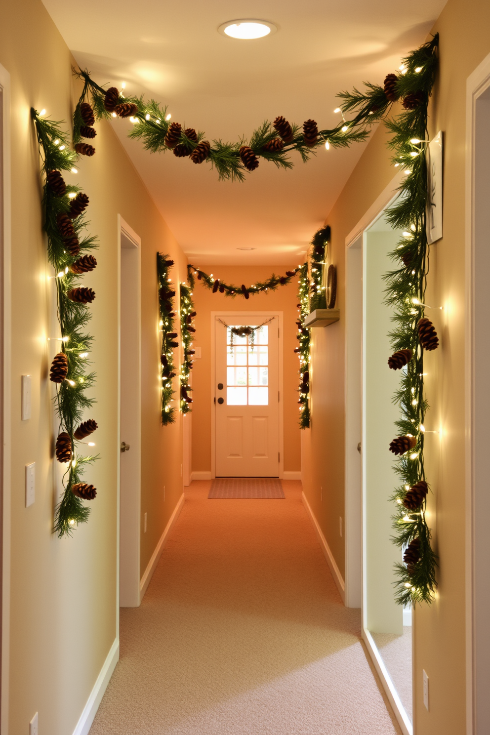 A warm and inviting hallway adorned with a pinecone garland that gracefully drapes along the walls. The garland is complemented by soft white string lights, creating a cozy atmosphere perfect for Thanksgiving celebrations.