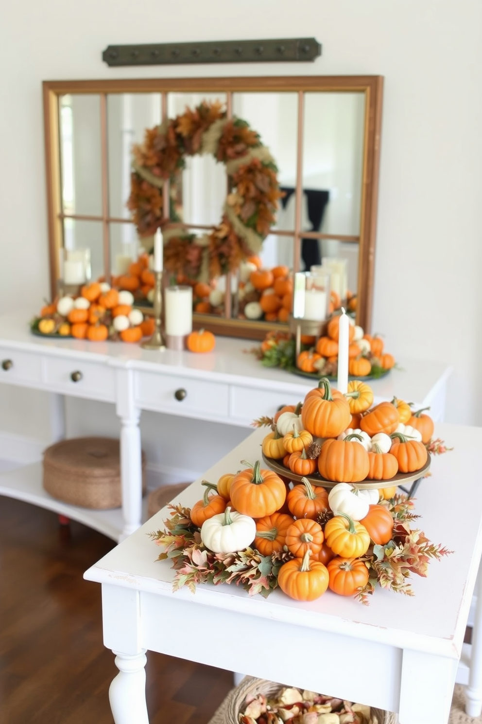 Mini pumpkin arrangements on console tables create a warm and inviting atmosphere for Thanksgiving. Each console table features clusters of small pumpkins in various shades of orange and white, complemented by seasonal foliage and candles.