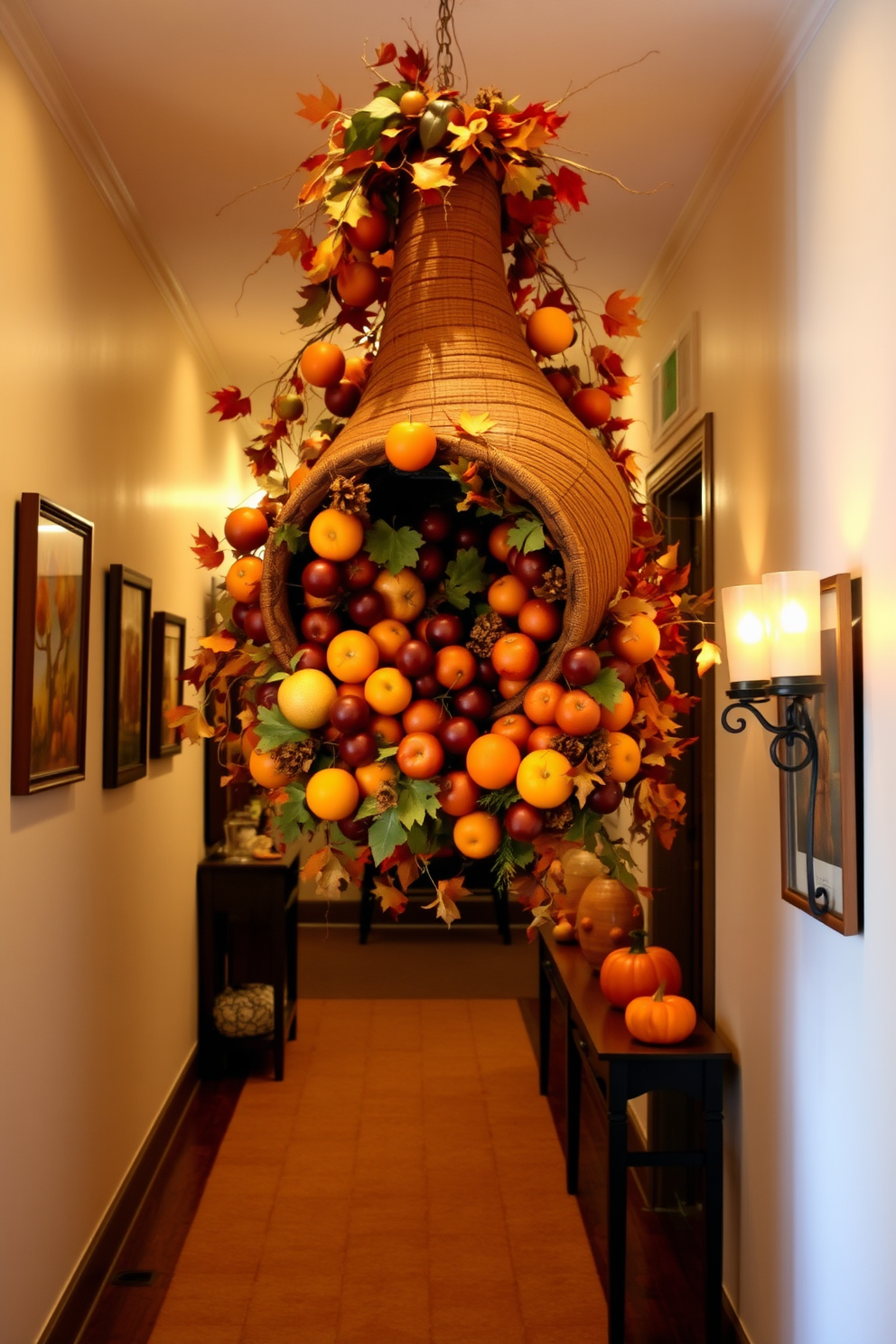 A warm and inviting hallway adorned for Thanksgiving features a large hanging cornucopia overflowing with vibrant seasonal fruits. The walls are decorated with autumn-themed artwork, and soft lighting creates a cozy atmosphere, enhancing the festive spirit.