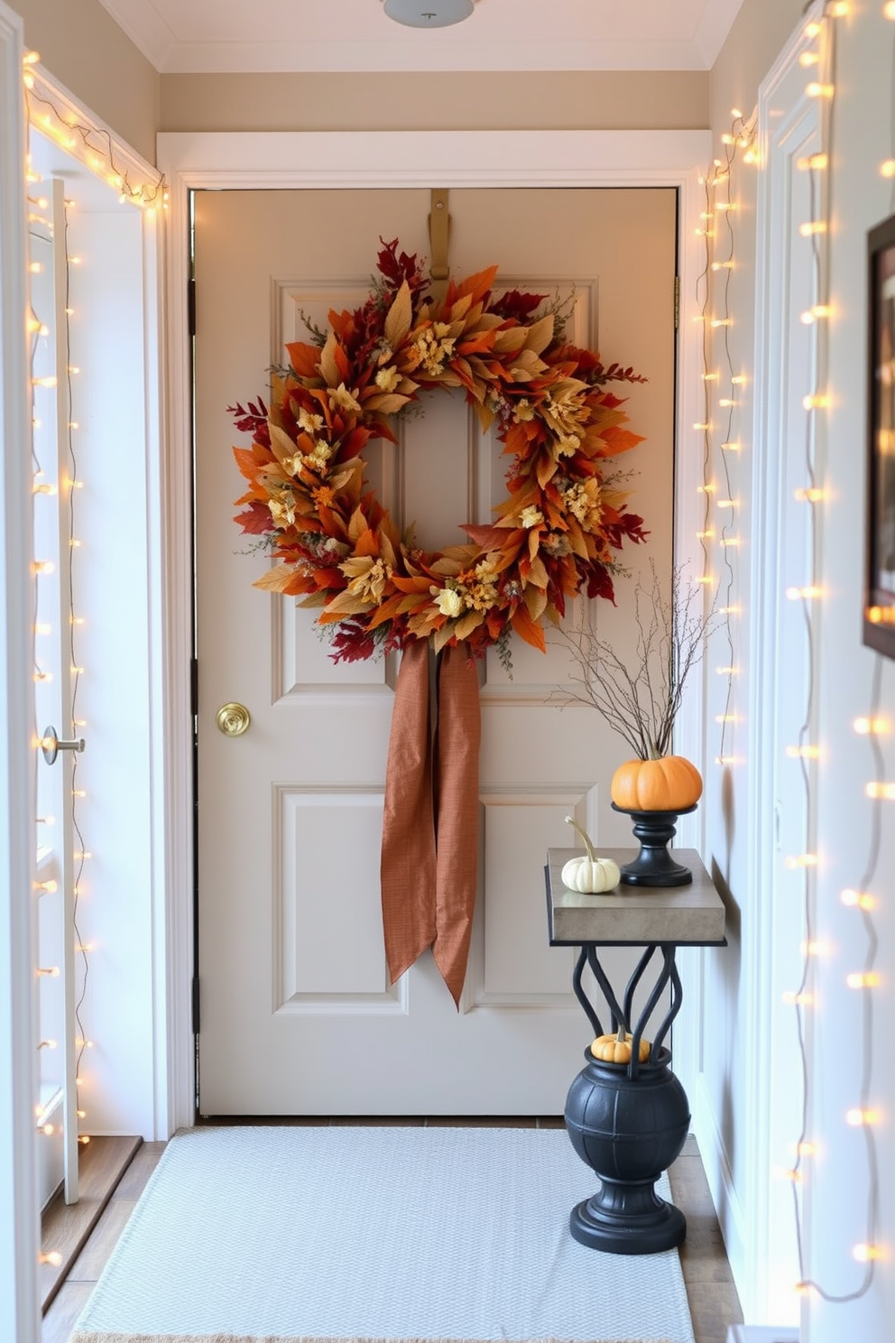 A warm-toned wreath made of autumn leaves and dried flowers adorns the front door creating a welcoming atmosphere. The hallway is decorated with soft golden lights strung along the walls and small pumpkins placed on a console table.