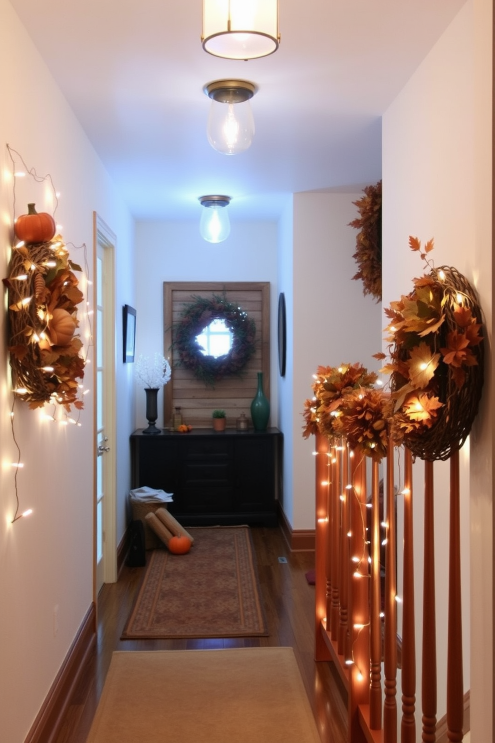 A warm and inviting hallway adorned for Thanksgiving. String lights are delicately wrapped around the wooden banisters, casting a soft glow that enhances the autumn-themed decor.