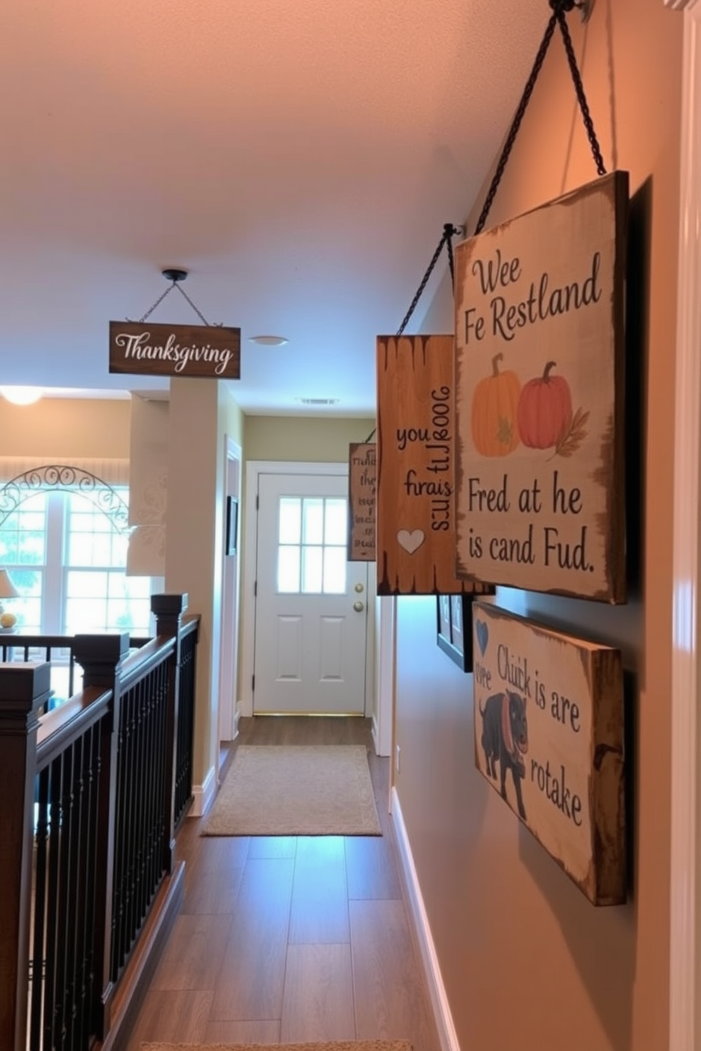 Rustic wooden signs adorned with Thanksgiving themes hang gracefully in a warmly lit hallway. The signs feature heartfelt messages and autumnal designs, creating a cozy and inviting atmosphere for family and guests.