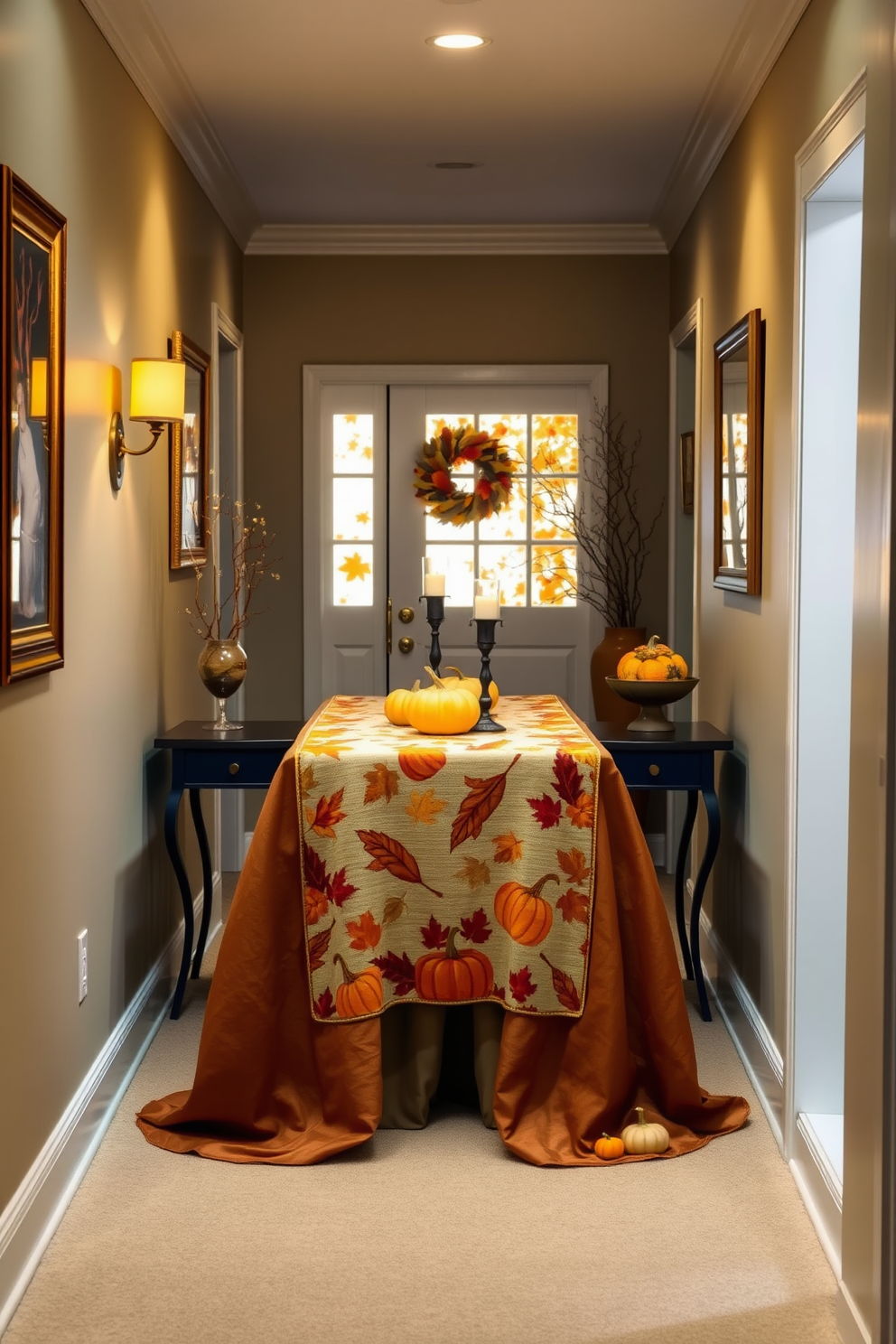 A beautifully decorated hallway featuring a Thanksgiving-themed table runner draped elegantly over the side tables. The runner is adorned with autumn leaves, pumpkins, and warm hues, creating a cozy and inviting atmosphere. Soft golden lighting illuminates the space, highlighting seasonal decorations such as small gourds and candles placed strategically along the tables. The walls are adorned with framed autumn-themed artwork, enhancing the festive ambiance of the hallway.