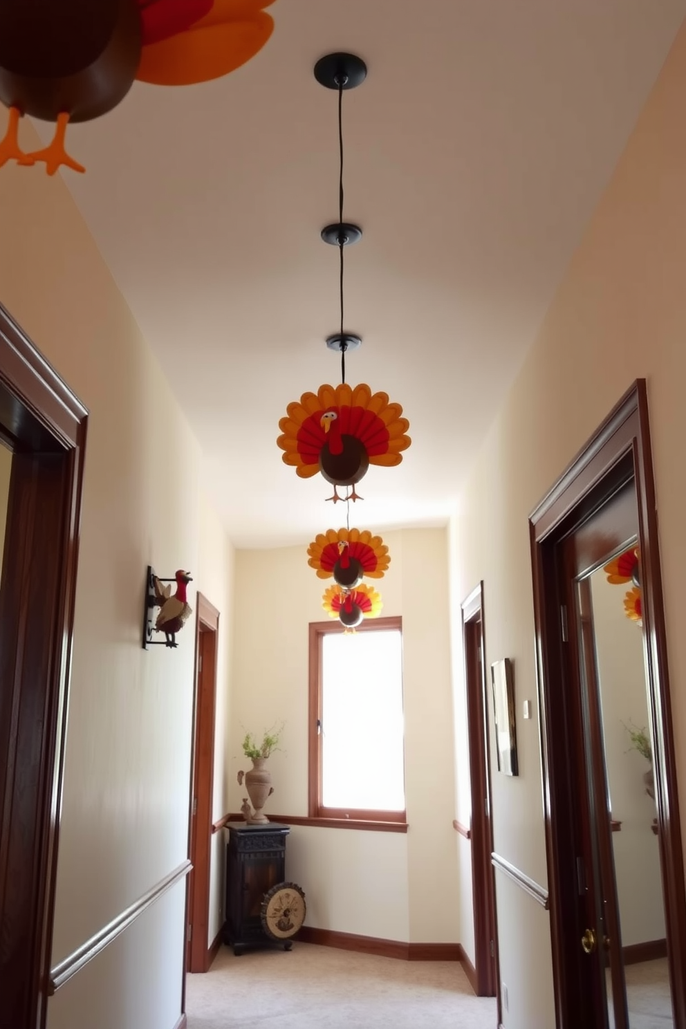 A warm and inviting hallway adorned with festive Turkey decorations hanging from the ceiling. The walls are painted in a soft cream color, complemented by rich wooden accents that enhance the Thanksgiving theme.