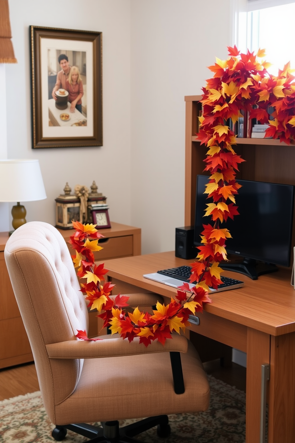 A cozy home office adorned with an autumn leaf garland draped elegantly across the desk. The warm hues of orange, red, and gold leaves create a festive atmosphere, complemented by a plush chair and a wooden desk with a natural finish.