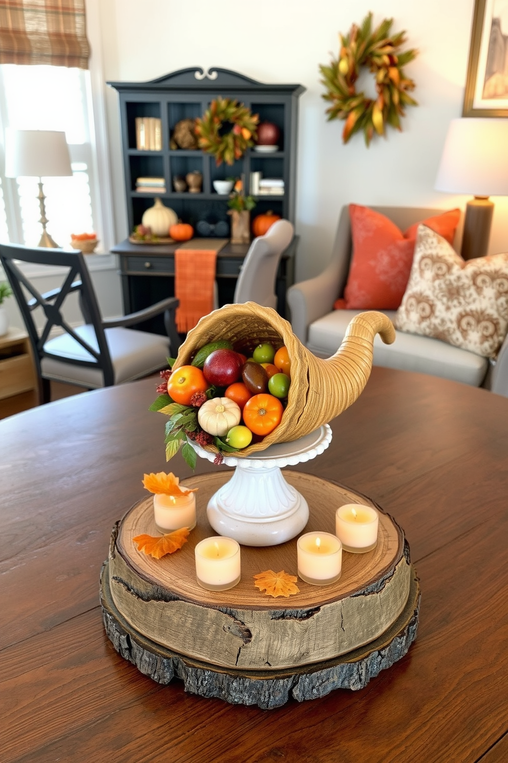 A charming miniature cornucopia filled with colorful fruits and vegetables sits on a rustic wooden table. The cornucopia is surrounded by warm candlelight, creating a cozy and inviting atmosphere for Thanksgiving. A stylish home office decorated for Thanksgiving features a desk adorned with autumn-themed decor. Soft throw pillows in rich fall colors add comfort to a cozy reading nook nearby.