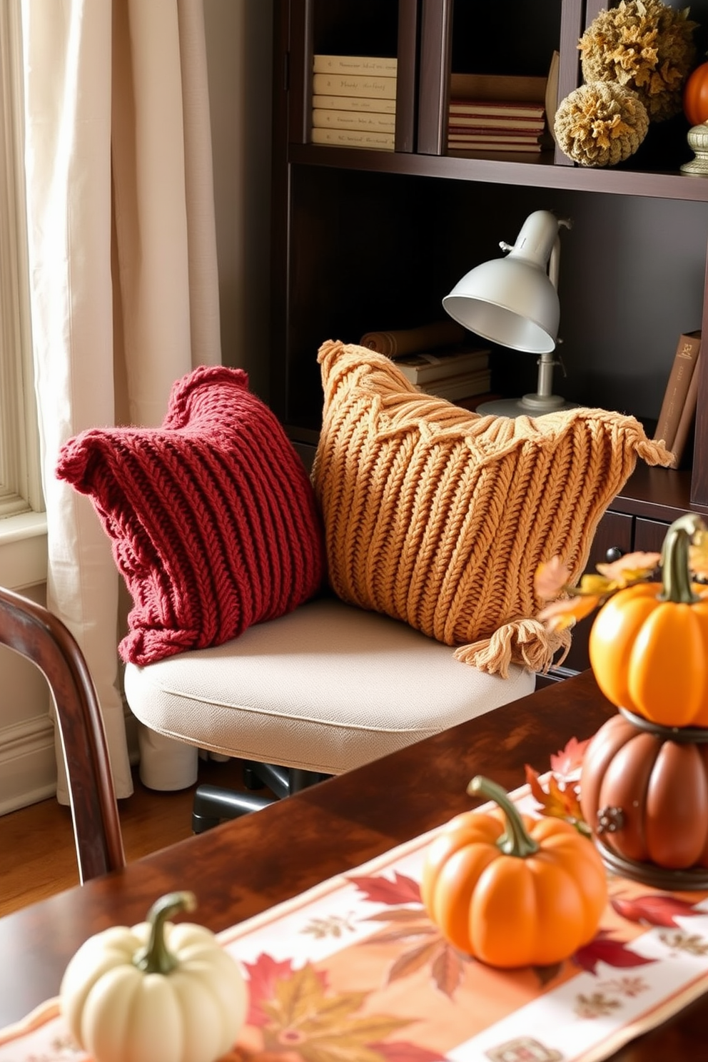 A cozy office chair adorned with soft knit pillows in warm autumn colors creates an inviting workspace. The desk is decorated with seasonal accents like small pumpkins and a festive table runner, enhancing the Thanksgiving spirit.