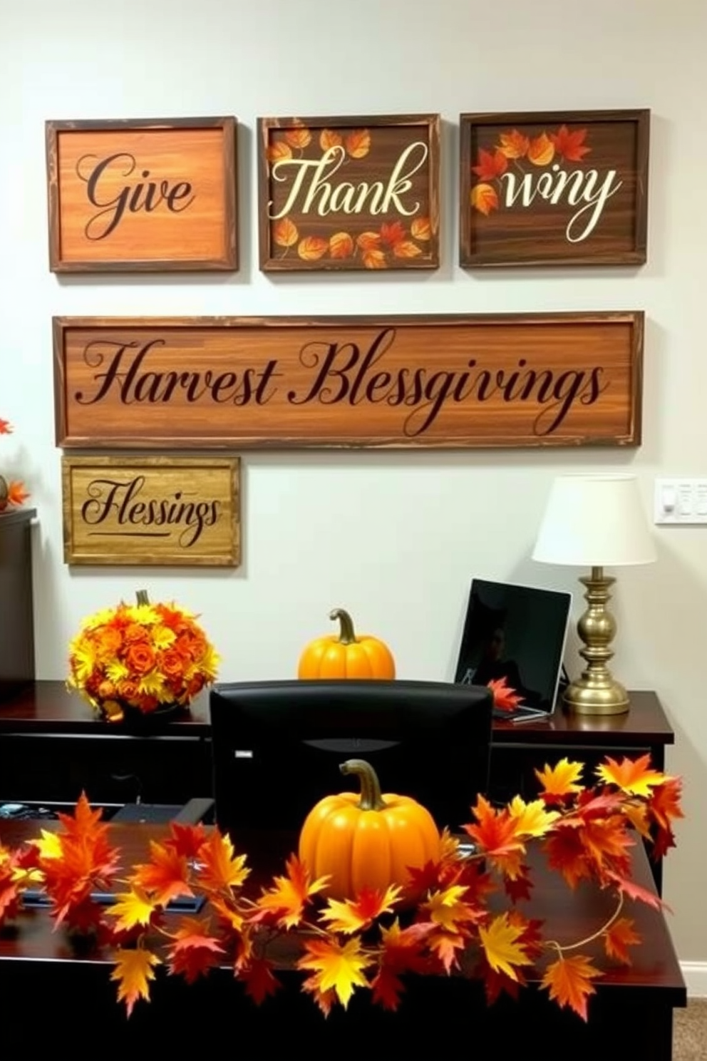 Wooden signs with Thanksgiving messages. The signs are adorned with warm autumn colors and feature phrases like 