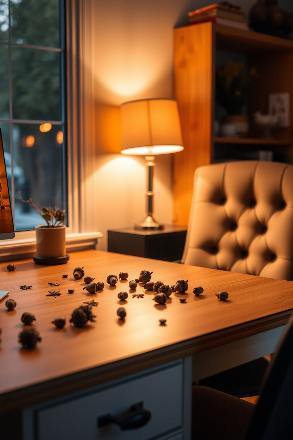 A warm and inviting home office setting. The desk is adorned with decorative acorns scattered across its surface, adding a touch of autumn charm. Soft, ambient lighting illuminates the space, creating a cozy atmosphere perfect for productivity. A comfortable chair sits next to the desk, inviting you to sit and work while enjoying the seasonal decor.