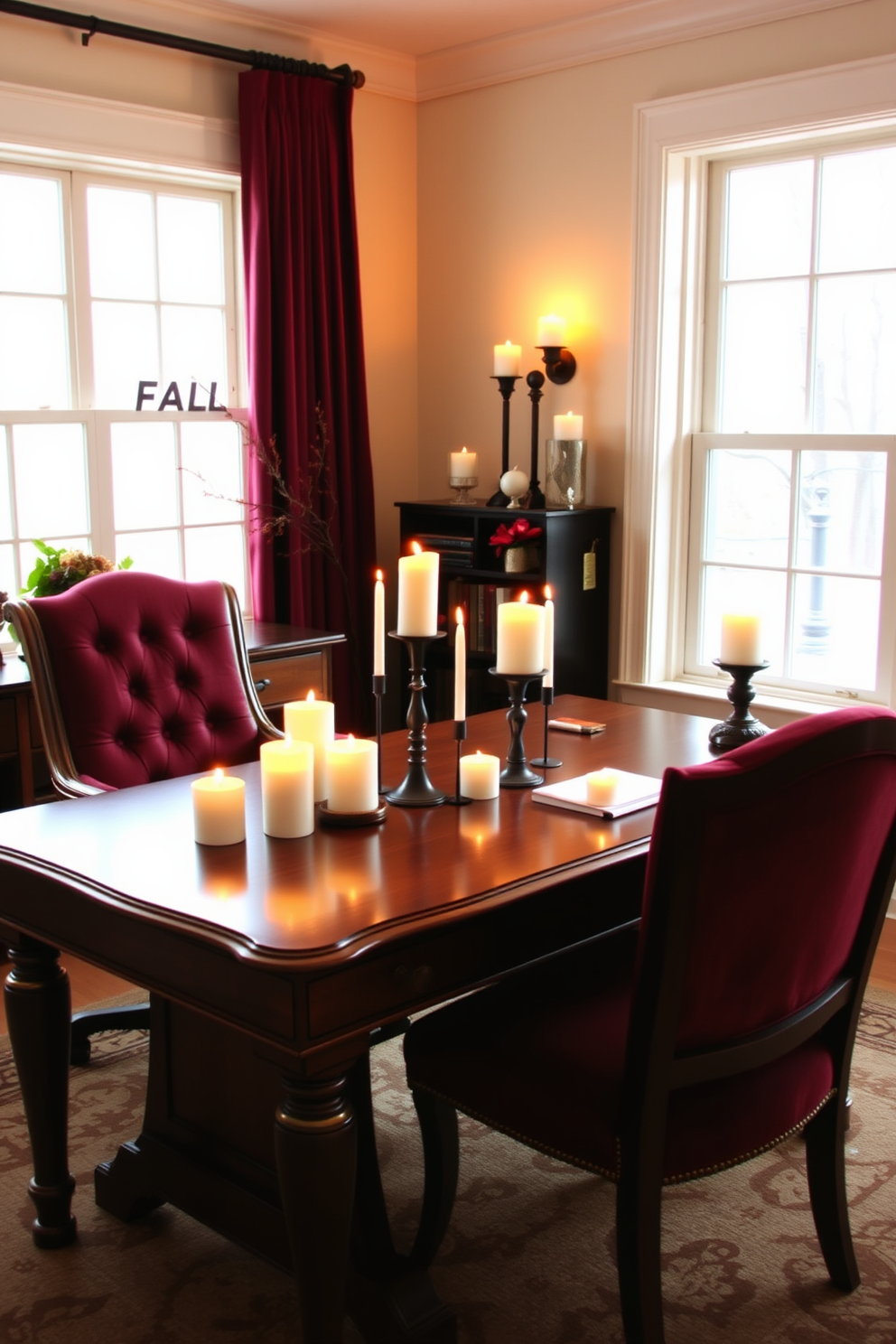 A cozy home office adorned with fall scented candles that create a warm and inviting ambiance. The desk is made of rich walnut wood, complemented by a plush chair upholstered in deep burgundy fabric. On the desk, a collection of beautifully arranged fall scented candles in varying heights adds a touch of seasonal charm. The walls are painted in a soft cream color, and a large window allows natural light to filter in, enhancing the cozy atmosphere.