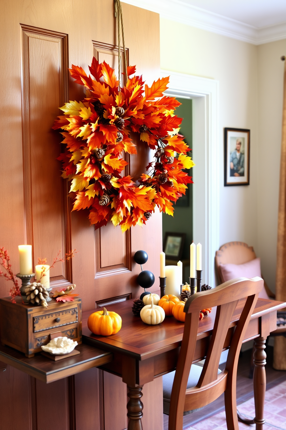 A beautiful wreath made of vibrant autumn leaves hangs on the door, showcasing shades of orange, red, and yellow. The arrangement is complemented by small pinecones and berries, adding texture and seasonal charm. The home office is adorned with warm, earthy tones to create a cozy atmosphere for Thanksgiving. A rustic wooden desk is paired with a comfortable chair, while a centerpiece of pumpkins and candles adds a festive touch to the workspace.