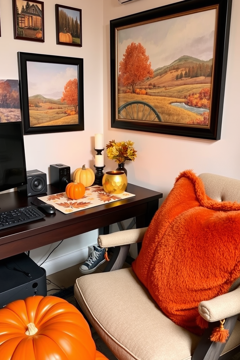 A cozy home office setting decorated for Thanksgiving. The desk features a festive mouse pad adorned with autumn leaves and pumpkins, while a small centerpiece of gourds and candles adds warmth to the space. The walls are adorned with seasonal artwork depicting fall landscapes. Plush throw pillows in warm hues of orange and gold are scattered on the chair, inviting comfort and creativity.