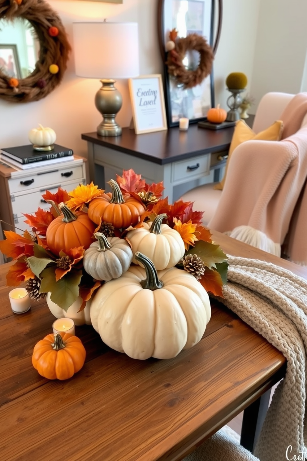 A beautifully arranged pumpkin centerpiece sits on a rustic wooden table. The pumpkins vary in size and color, surrounded by autumn leaves and small candles that create a warm, inviting atmosphere. A cozy home office features a stylish desk adorned with seasonal decorations. A few pumpkins are placed beside a stack of books, and a warm throw blanket is draped over the chair, enhancing the festive feel.