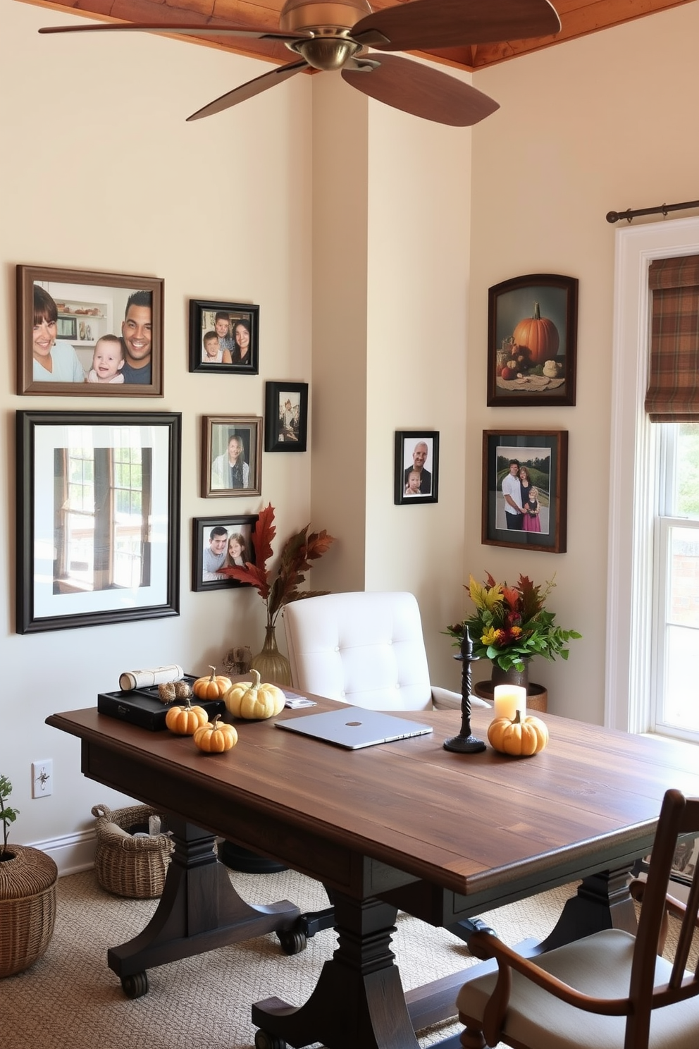 A cozy home office decorated for Thanksgiving. The walls are adorned with picture frames showcasing family Thanksgiving photos, creating a warm and inviting atmosphere. A rustic wooden desk is placed in front of a large window, allowing natural light to fill the space. On the desk, there are autumn-themed decorations, including small pumpkins and a scented candle.