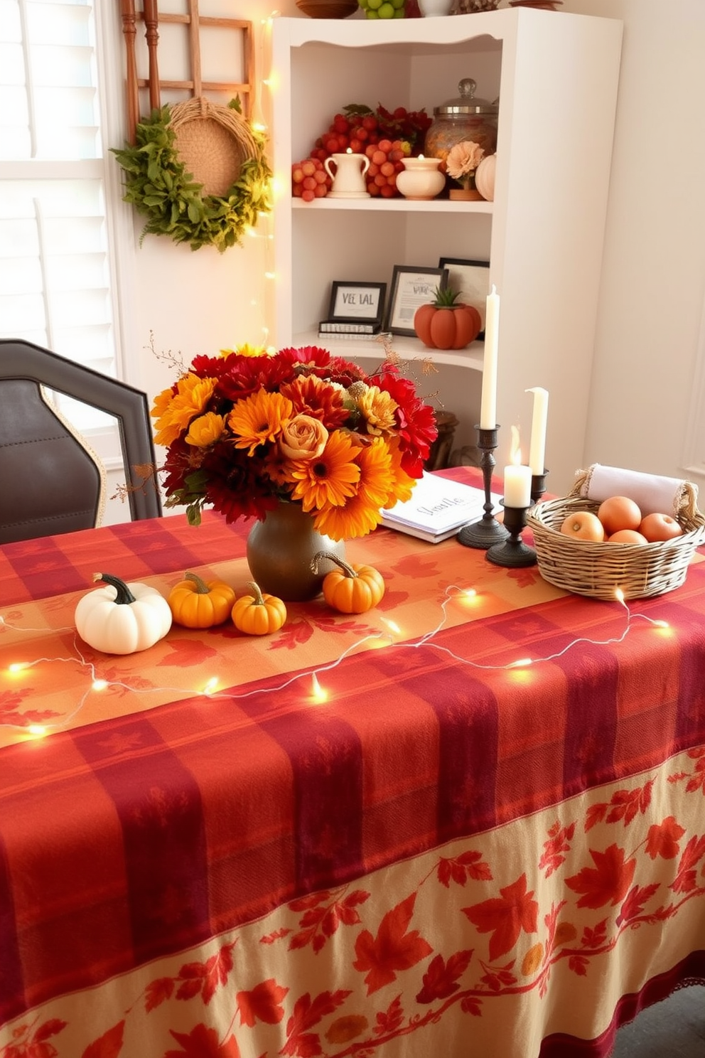 A seasonal tablecloth covers the desk surface in a warm autumnal palette featuring rich oranges and deep browns. The table is adorned with small decorative pumpkins and a centerpiece of vibrant fall flowers in a rustic vase. Thanksgiving home office decorating ideas include a cozy arrangement of scented candles and a woven basket filled with seasonal fruits. A string of fairy lights is draped across the desk, adding a warm glow to the inviting workspace.