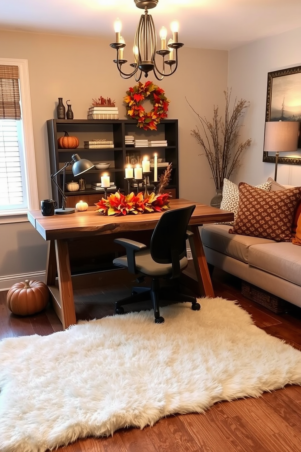 A cozy home office setting featuring a plush faux fur rug that adds warmth and texture to the space. The desk is made of reclaimed wood and paired with an ergonomic chair, creating a perfect blend of comfort and style. Thanksgiving decorations adorn the room with a festive touch. A centerpiece of autumn leaves and candles sits on the desk, while warm-toned throw pillows are scattered on a nearby seating area.