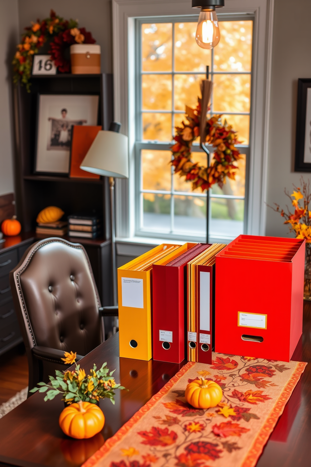 A cozy home office featuring autumn colored file organizers in shades of orange, yellow, and deep red. The organizers are neatly arranged on a sleek wooden desk, surrounded by warm lighting and seasonal decor. Thanksgiving themed decorations adorn the space, including a festive table runner and small pumpkins. A comfortable chair invites productivity, while a window view showcases the vibrant fall foliage outside.