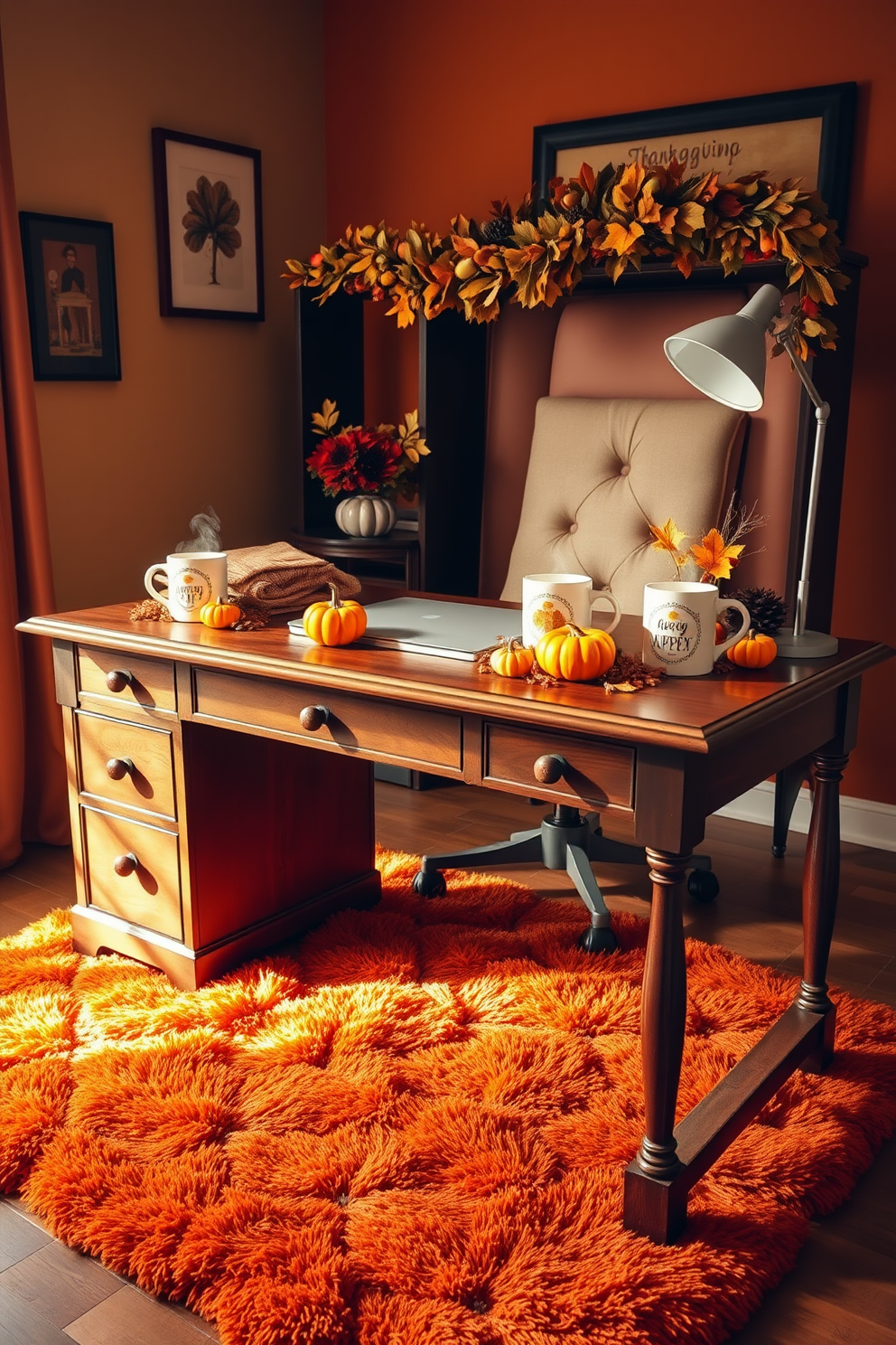 A cozy home office decorated for Thanksgiving features a wooden desk adorned with autumn-themed coffee mugs. The mugs are filled with steaming beverages and surrounded by small pumpkins and fall foliage. The walls are painted in warm earth tones, and a plush rug in rich orange hues lies beneath the desk. A festive garland made of leaves and acorns drapes across the top of the desk, adding seasonal charm.