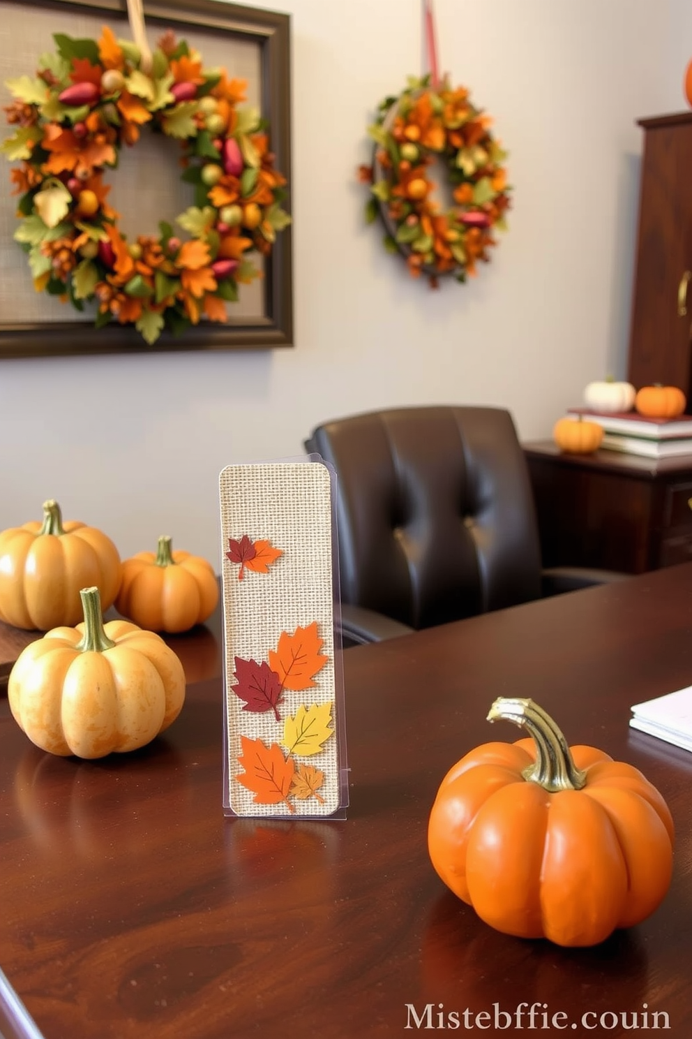 Seasonal bookmarks for office supplies. These bookmarks feature autumn leaves in warm hues of orange and yellow, with a textured background that resembles burlap. Thanksgiving Home Office Decorating Ideas. A cozy workspace adorned with a rich brown desk, surrounded by decorative pumpkins and a fall-themed wreath hanging on the wall.