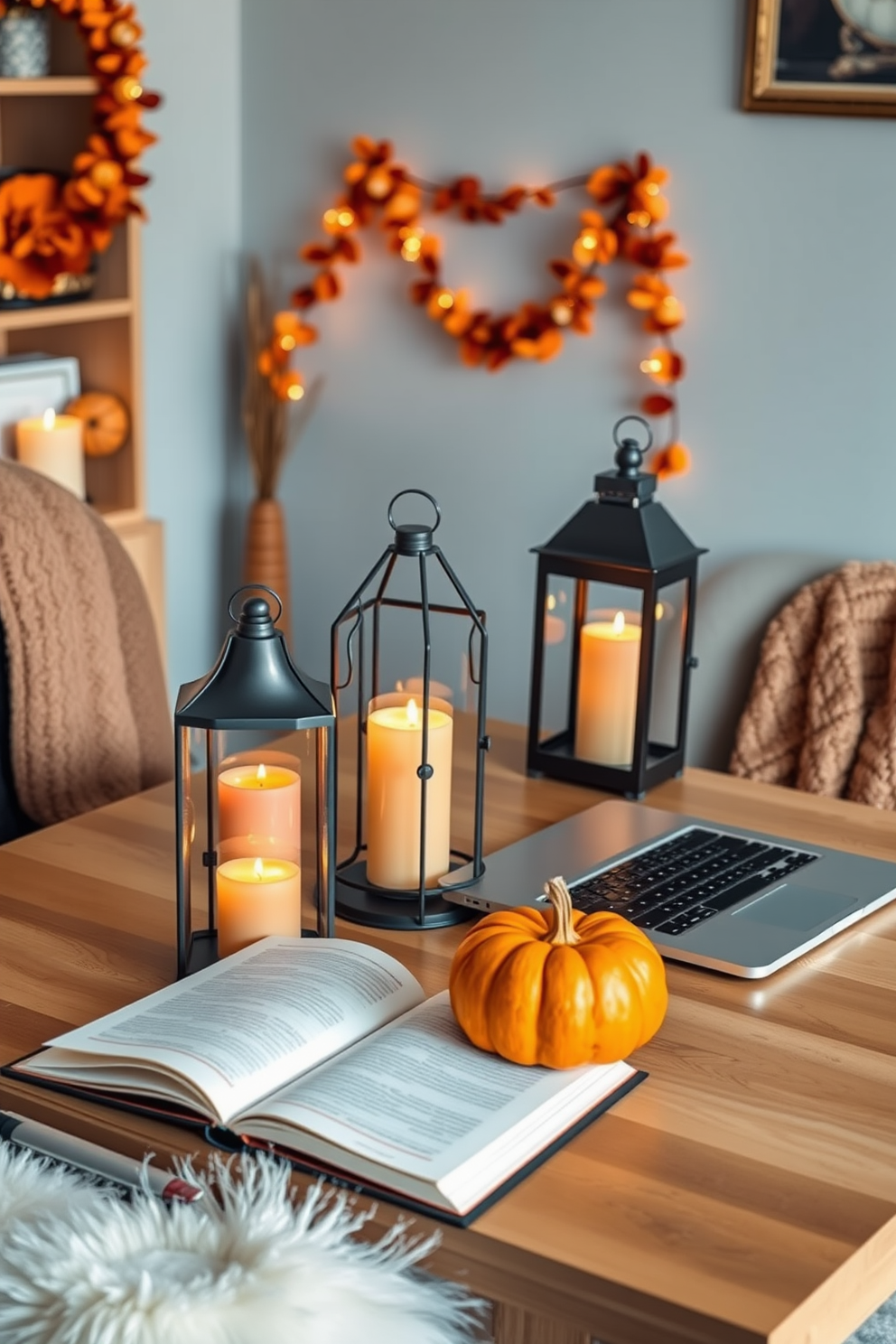 A cozy home office setting adorned with decorative lanterns that have flickering candles inside. The lanterns are placed on a wooden desk alongside a stylish laptop and an open notebook, creating an inviting workspace. Warm autumn colors dominate the decor, with orange and gold accents throughout the room. A plush throw blanket drapes over the chair, and a small pumpkin sits next to the lanterns, enhancing the Thanksgiving theme.