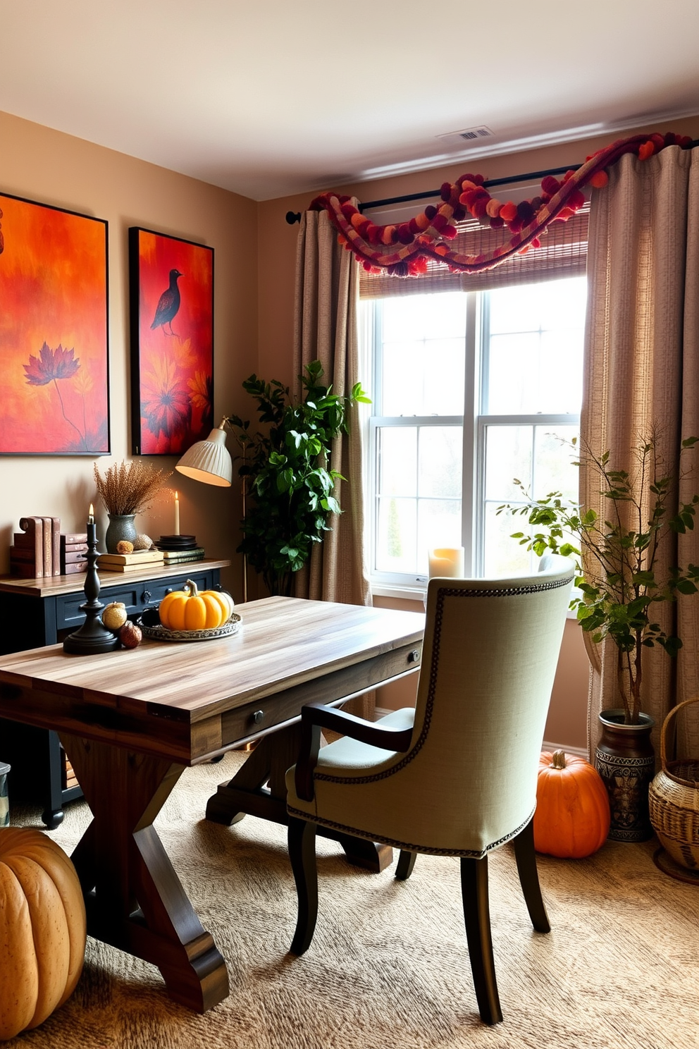 A cozy home office decorated for Thanksgiving. The walls are adorned with fall colored artwork featuring warm hues of orange, red, and gold, creating an inviting atmosphere. A rustic wooden desk sits in front of a large window, allowing natural light to illuminate the space. A comfortable chair is paired with the desk, and autumn-themed accessories like pumpkins and candles are placed on the desk for a festive touch.