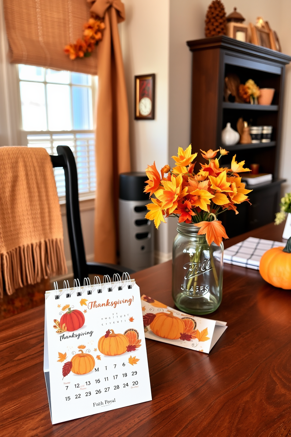 A Thanksgiving themed desk calendar featuring warm autumn colors and seasonal motifs. The calendar includes illustrations of pumpkins, turkeys, and falling leaves, creating a festive atmosphere for your workspace. A cozy home office decorated for Thanksgiving with a rustic wooden desk. The space is enhanced by warm-toned accents, such as a woven throw blanket and a centerpiece of autumn flowers in a mason jar.