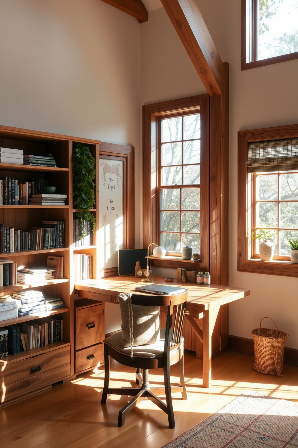 A cozy home office adorned with natural wood elements. The desk is made of reclaimed wood, complemented by a matching wooden bookshelf filled with books and decor. Warm sunlight filters through large windows, casting a glow on the wooden accents. A comfortable chair with a fabric cushion sits invitingly at the desk, creating a perfect workspace for creativity.