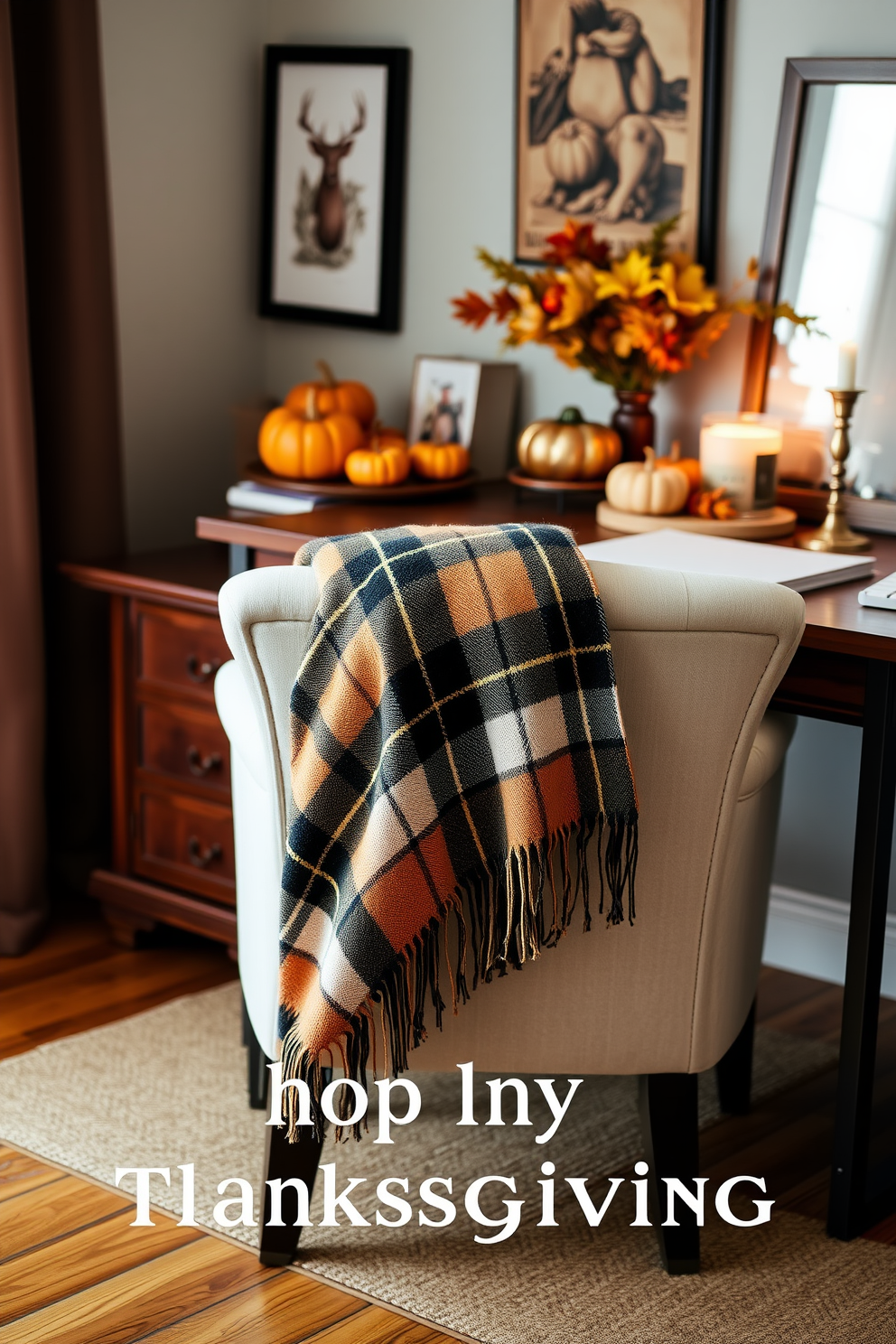 A cozy home office setting featuring a warm plaid throw blanket draped over a stylish armchair. The desk is adorned with autumn-themed decor, including small pumpkins and a scented candle, creating an inviting atmosphere for Thanksgiving.