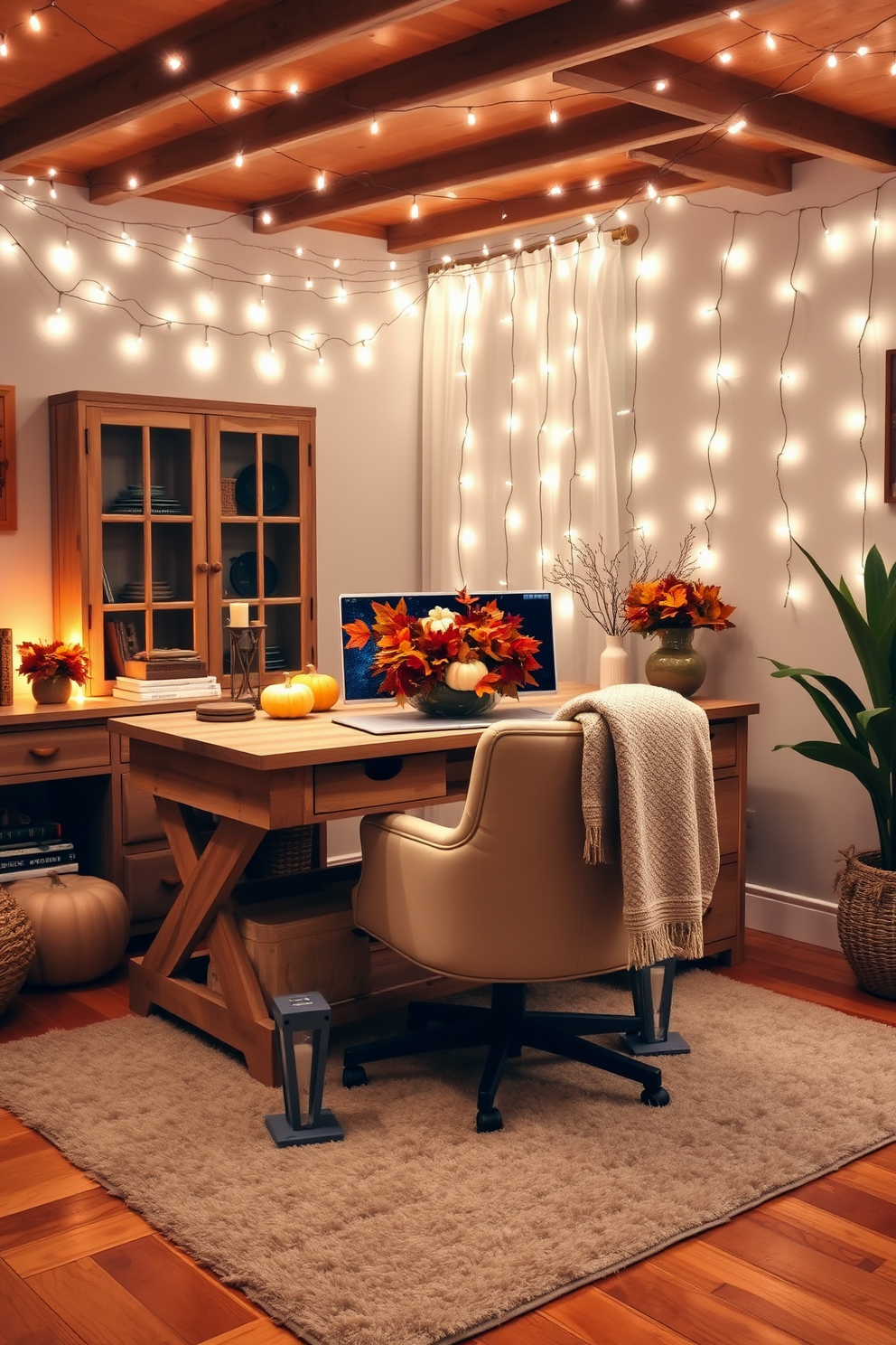 A warm and inviting home office setting adorned with string lights draped across the ceiling, casting a cozy glow throughout the space. The desk is made of reclaimed wood, paired with a comfortable chair upholstered in soft fabric, while a plush area rug adds warmth to the hardwood floor. Thanksgiving decorations are thoughtfully arranged, featuring a centerpiece of autumn leaves and mini pumpkins on the desk. A cozy throw blanket is draped over the chair, and a warm color palette of oranges and browns enhances the festive atmosphere.