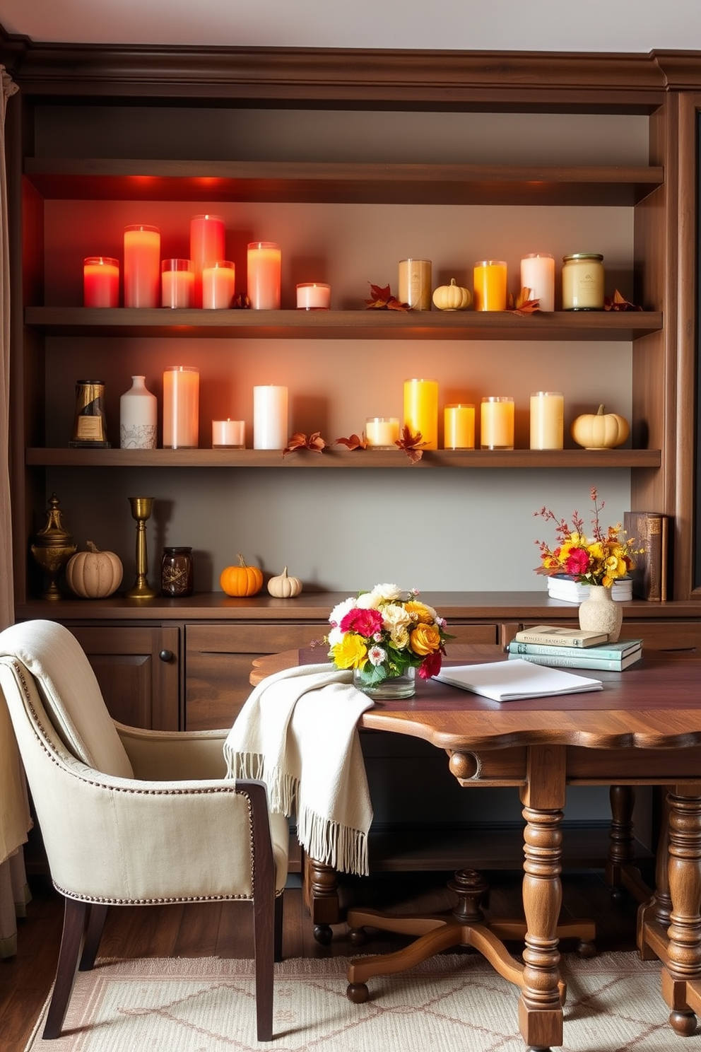 Candles in warm fall colors are arranged on elegant shelves, creating a cozy and inviting atmosphere. The shelves are adorned with autumn leaves and small decorative pumpkins to enhance the seasonal theme. The home office features a rustic wooden desk paired with a comfortable chair, surrounded by rich, earthy tones. A soft throw blanket drapes over the chair, and a small arrangement of fall flowers sits on the desk for a touch of seasonal charm.