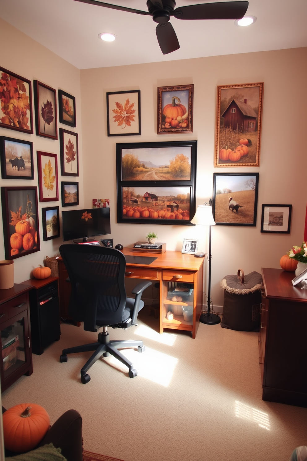 A cozy home office adorned with harvest themed wall art. The walls feature an array of framed prints showcasing autumn leaves, pumpkins, and rustic farm scenes, creating a warm and inviting atmosphere. A large wooden desk sits in the center, complemented by a comfortable ergonomic chair. Soft, ambient lighting illuminates the space, enhancing the seasonal decor while providing a productive workspace.