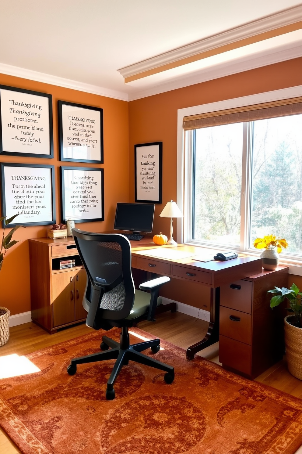 A cozy home office adorned with framed prints featuring inspirational Thanksgiving quotes. The walls are painted in warm earth tones, and a wooden desk is positioned by a large window, allowing natural light to flood the space. The desk is complemented by a comfortable ergonomic chair and a few decorative items like a small pumpkin and autumn leaves. A soft area rug in rich hues anchors the room, creating a welcoming atmosphere for productivity and creativity.