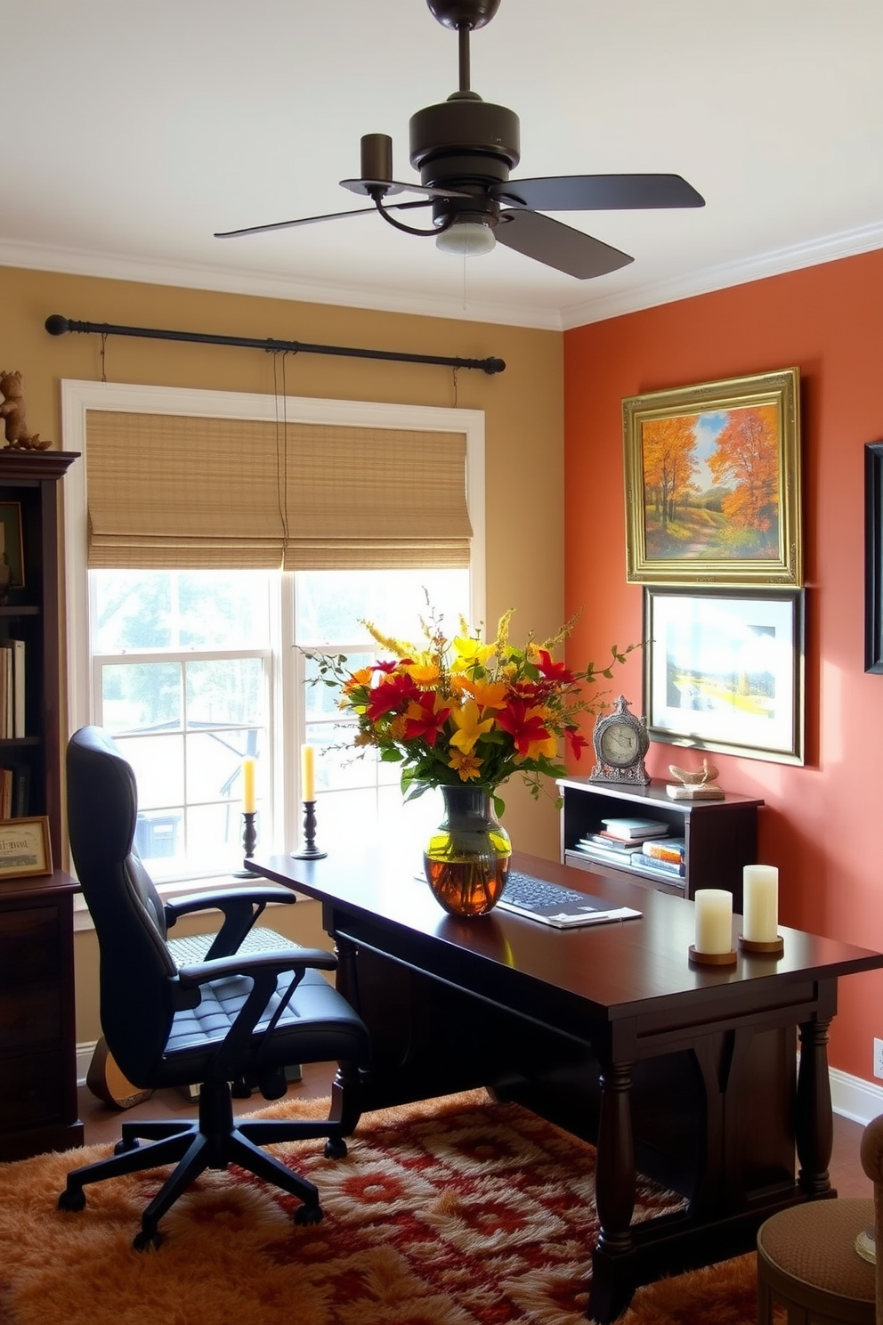 A cozy home office setting adorned with seasonal flowers in a vase. The desk is made of dark wood and features a comfortable ergonomic chair, while a large window allows natural light to flood the room. On the walls, warm autumn colors are complemented by framed artwork depicting fall landscapes. A plush area rug in earthy tones anchors the space, and decorative accents like candles and books enhance the inviting atmosphere.