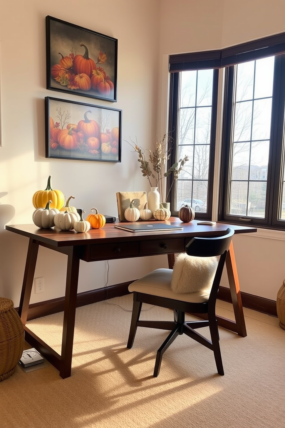 A cozy home office featuring a sleek wooden desk adorned with gourd accents in various sizes and colors. The desk is positioned near a large window, allowing natural light to illuminate the space and create a warm atmosphere. The walls are painted in a soft cream color, complemented by autumn-themed artwork. A comfortable chair with a plush cushion sits at the desk, inviting productivity and creativity during the Thanksgiving season.