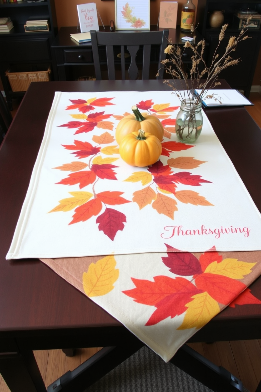 A table runner adorned with rich autumn colors featuring deep oranges, rustic reds, and golden yellows. The runner is set on a dark wood dining table, complemented by a centerpiece of seasonal fruits and small pumpkins. A cozy home office space designed for Thanksgiving, showcasing a warm color palette. The desk is decorated with autumn-themed stationery and a small vase filled with dried leaves and branches.