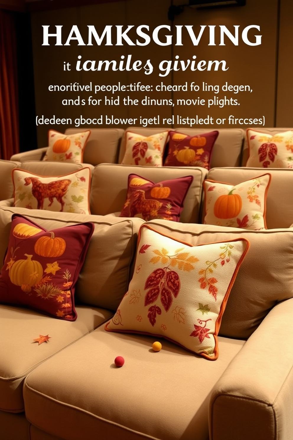 A cozy home theater setting adorned with autumn-themed throw pillows scattered across plush couches. The rich hues of orange, yellow, and deep red create a warm atmosphere, inviting family and friends to gather for Thanksgiving movie nights.