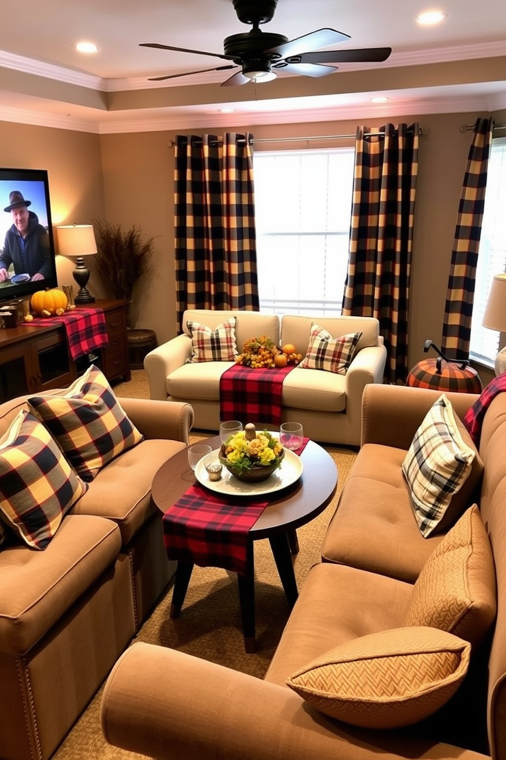 A cozy Thanksgiving home theater setup features plaid table runners draped across various surfaces, adding warmth and seasonal charm. Plush seating is arranged for comfort, with decorative pillows that complement the plaid pattern, inviting guests to relax and enjoy the festivities.