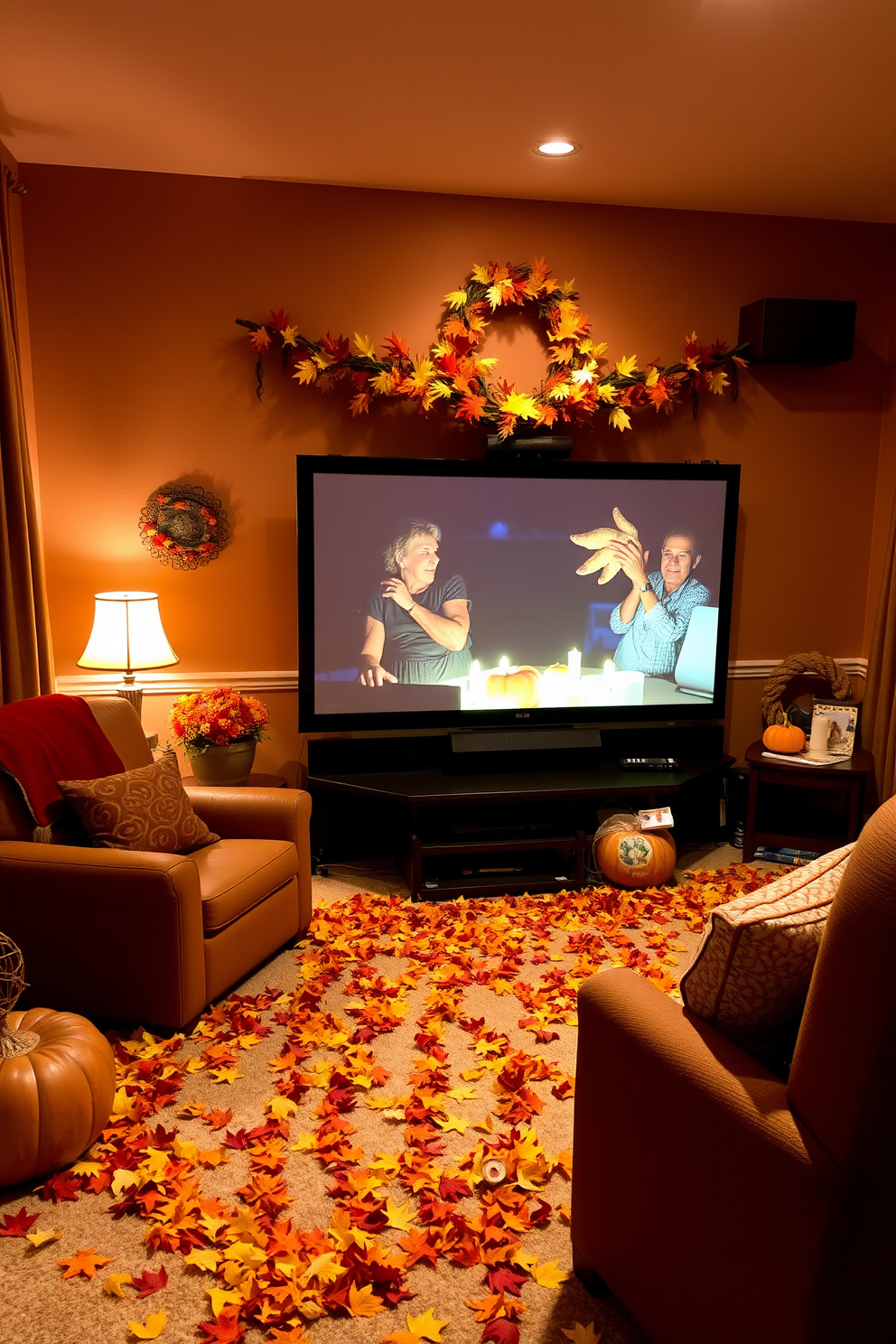 A cozy home theater decorated for Thanksgiving. Fall leaves are scattered around the room, creating a warm and inviting atmosphere.