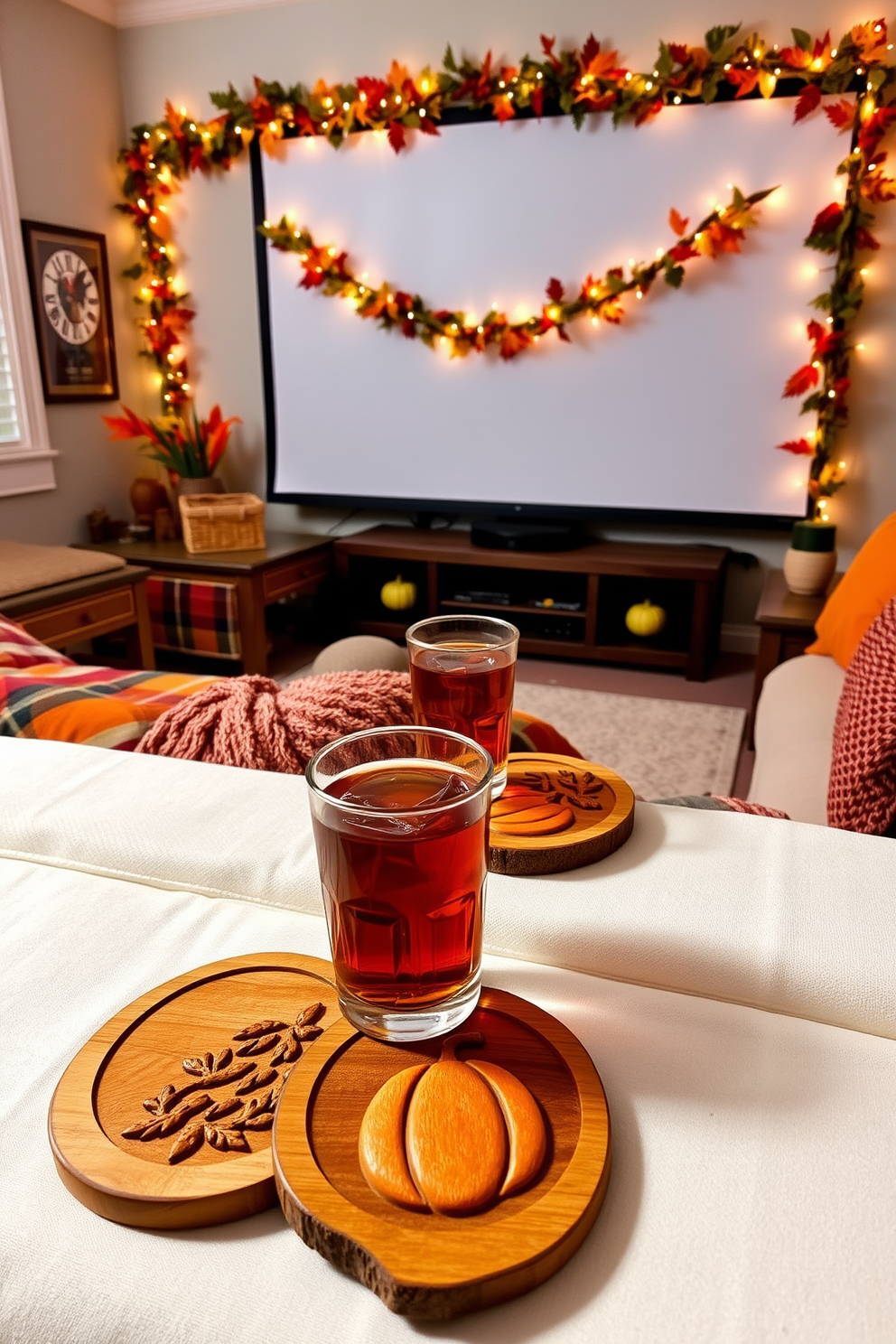 Thanksgiving themed coasters for drinks. The coasters are made of natural wood with intricate carvings of autumn leaves and pumpkins, featuring warm hues of orange, red, and gold. Thanksgiving home theater decorating ideas. The space is adorned with cozy throw blankets in plaid patterns, plush cushions in warm colors, and a large screen framed by garlands of seasonal foliage and fairy lights.