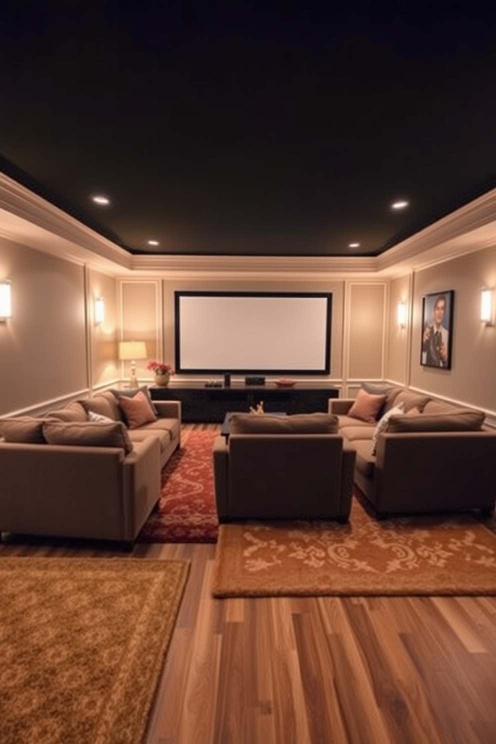 A cozy home theater setting designed for Thanksgiving gatherings. The floor is covered with warm-toned area rugs that add comfort and warmth to the space. The seating consists of plush, oversized sofas arranged in a semicircle facing a large screen. Soft, ambient lighting creates a welcoming atmosphere, perfect for enjoying movies with family and friends.