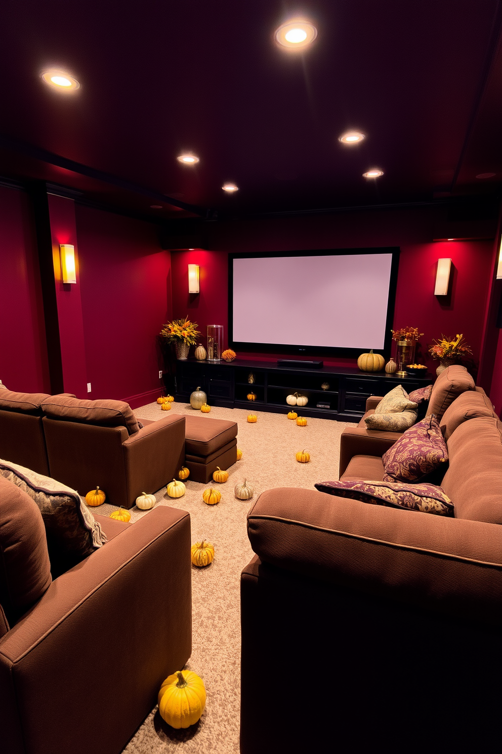 A cozy home theater setting adorned with gourds and mini pumpkins as accents. The walls are painted in a deep burgundy hue, and plush seating is arranged in a semi-circle facing a large screen. Scattered throughout the space are decorative gourds and mini pumpkins in various sizes and colors, adding a festive touch. Soft, warm lighting enhances the inviting atmosphere, creating the perfect space for family gatherings during the Thanksgiving season.