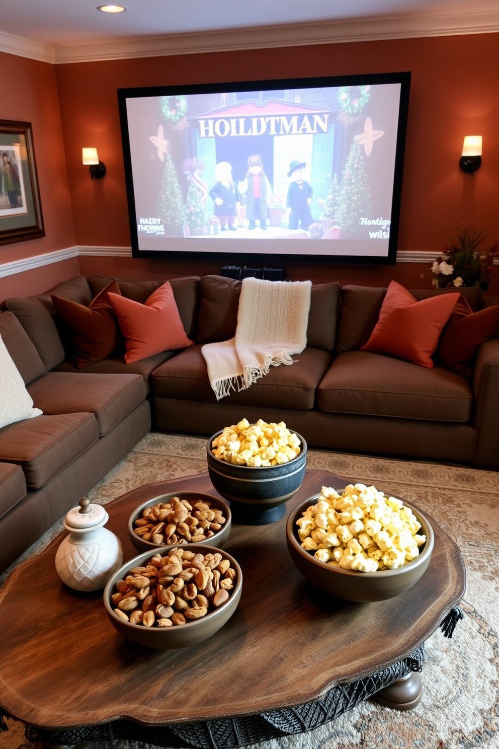 A cozy Thanksgiving home theater setting. The room features a large sectional sofa adorned with plush throw pillows and a soft blanket, while a rustic coffee table holds decorative bowls filled with seasonal snacks like caramel popcorn and spiced nuts. The walls are painted in warm earth tones, creating an inviting atmosphere. Soft lighting from stylish sconces and a large screen displaying a classic holiday movie completes the festive ambiance.