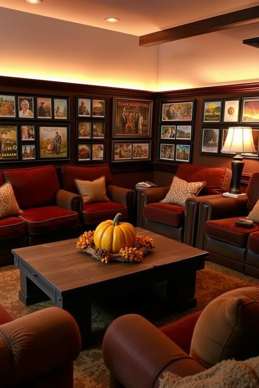 A cozy home theater adorned with vintage Thanksgiving postcards creates a warm and inviting atmosphere. The postcards are framed and arranged in a gallery style on the walls, complemented by soft, ambient lighting. Plush seating in rich autumn colors invites family and friends to gather for movie nights. A rustic wooden coffee table holds seasonal snacks and a decorative pumpkin centerpiece, enhancing the festive theme.