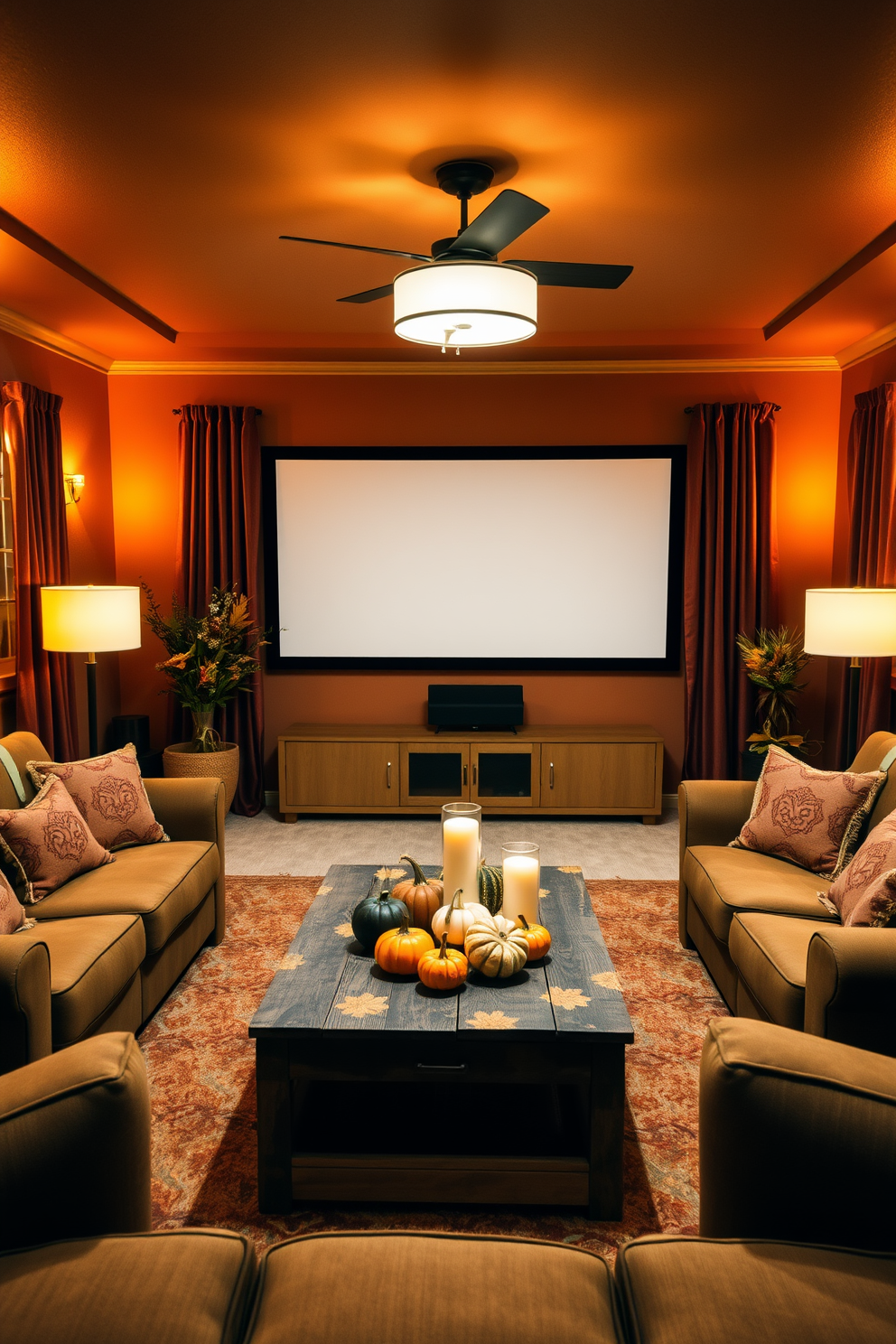 A cozy home theater setting designed for Thanksgiving gatherings. The room features plush seating arranged around a large screen, with warm mood lighting provided by dimmable lamps that create an inviting atmosphere. Rich autumn colors adorn the walls, complemented by soft throw blankets and decorative pillows. A rustic coffee table sits in the center, adorned with seasonal decorations like pumpkins and candles for a festive touch.