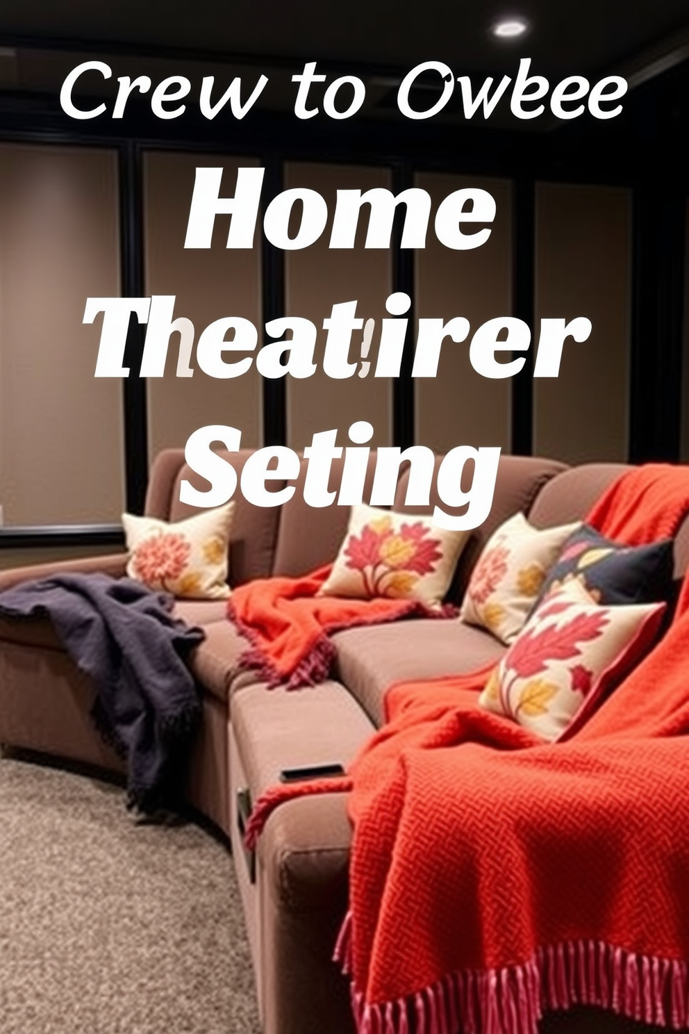 Create a cozy home theater setting with plush seating arranged in a semicircle. The seats are adorned with festive throws in autumn colors, complemented by decorative pillows featuring seasonal patterns.