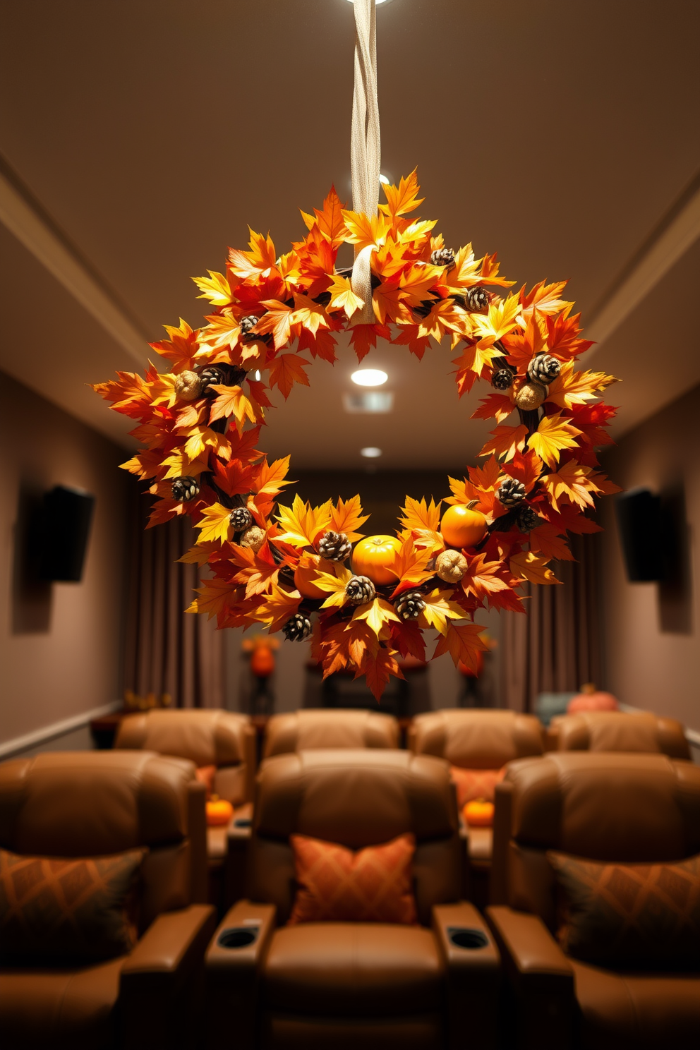 A beautiful autumn wreath adorned with vibrant orange and yellow leaves hangs gracefully on the front door. The wreath is accented with small pumpkins and pinecones, welcoming guests with a seasonal touch. The home theater is designed for comfort and entertainment, featuring plush reclining seats arranged for optimal viewing. Soft ambient lighting enhances the cozy atmosphere while autumn-themed decor adds a festive flair to the space.