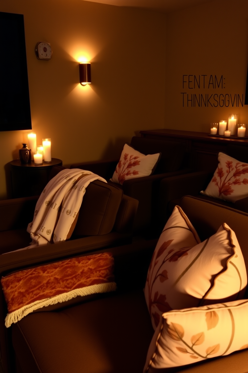 Create a cozy home theater setting perfect for Thanksgiving. The room is dimly lit with cinnamon scented candles placed strategically around the space to enhance the ambiance. Plush seating is arranged for optimal viewing, featuring rich, warm colors. A decorative throw blanket is draped over one of the chairs, and autumn-themed cushions add a festive touch.