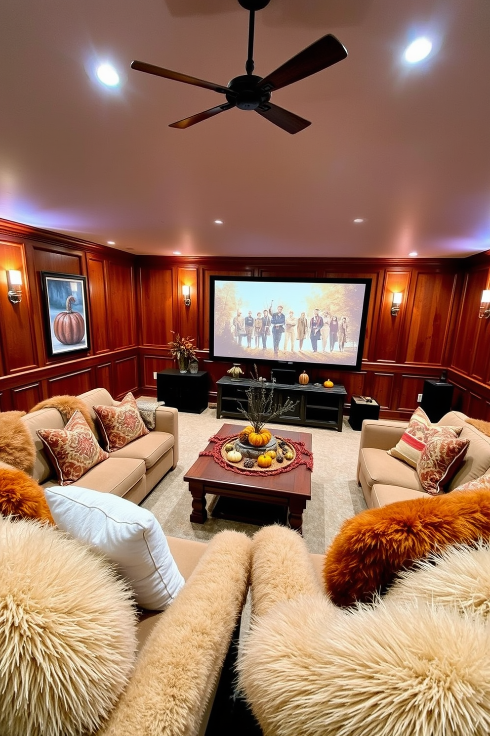 A cozy home theater setting designed for Thanksgiving gatherings. Plush seating is arranged in a semi-circle, adorned with faux fur throws in warm tones for added comfort. Soft ambient lighting creates an inviting atmosphere, highlighting the rich wood paneling and a large screen for movie viewing. Decorative elements include autumn-themed cushions and a rustic coffee table topped with seasonal decor.