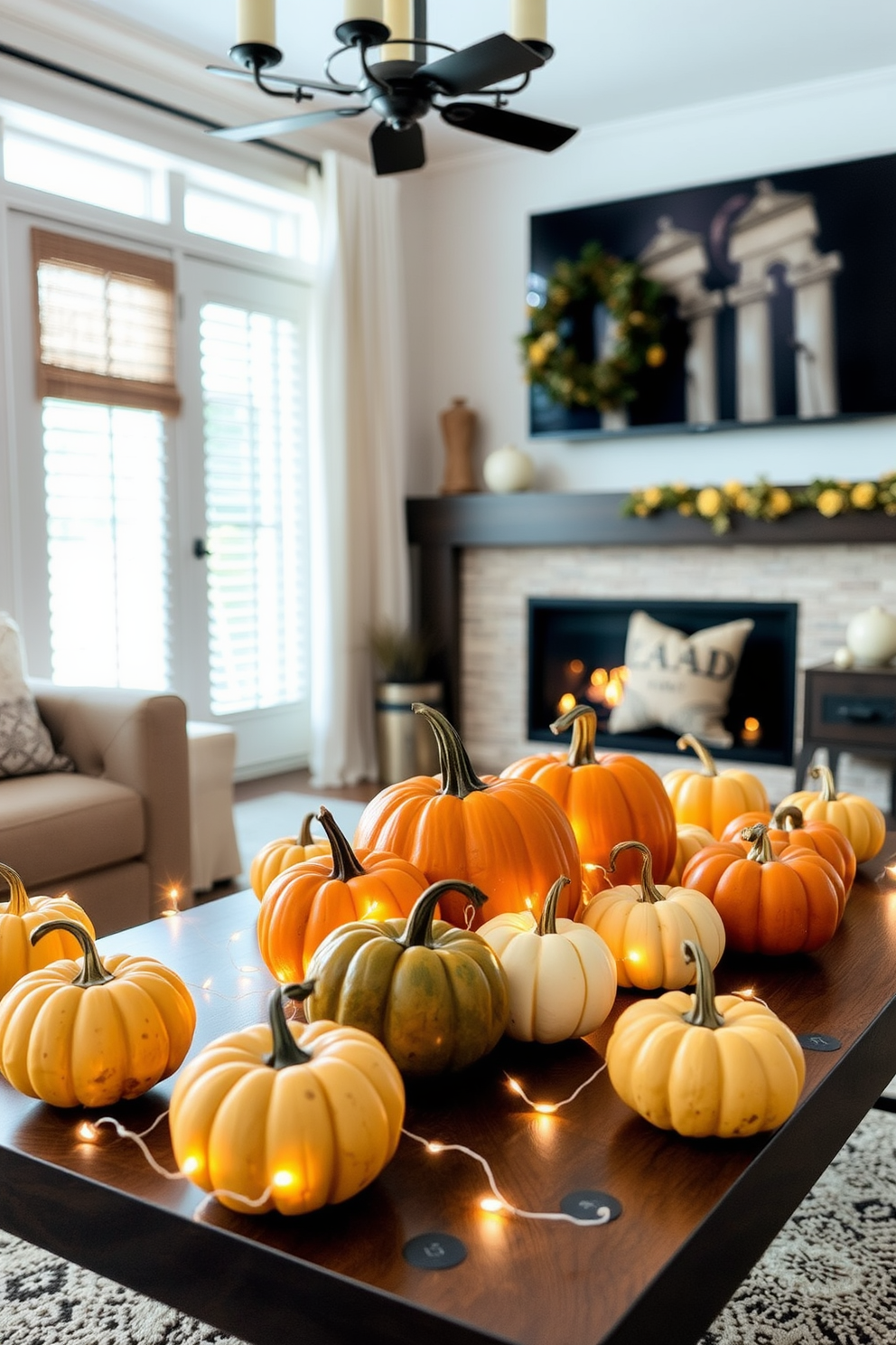 A cozy home theater adorned with tabletop pumpkins scattered across the coffee table. Delicate fairy lights twinkle around the pumpkins, creating a warm and inviting atmosphere for Thanksgiving celebrations.